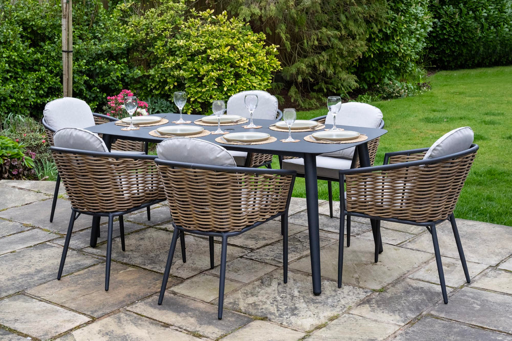 Bolingbroke 6 Seat Aluminium Brown Wicker 180cm Dining Table Set - Beige Cushions