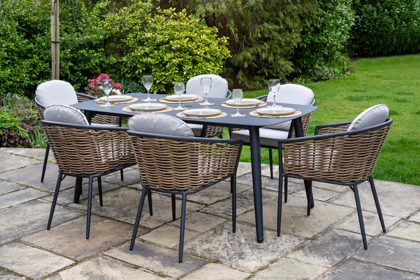 Bolingbroke 6 Seat Aluminium Brown Wicker 180cm Dining Table Set - Beige Cushions
