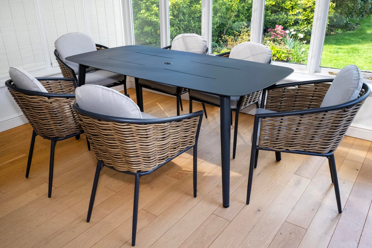 Bolingbroke 6 Seat Aluminium Brown Wicker 180cm Dining Table Set - Beige Cushions