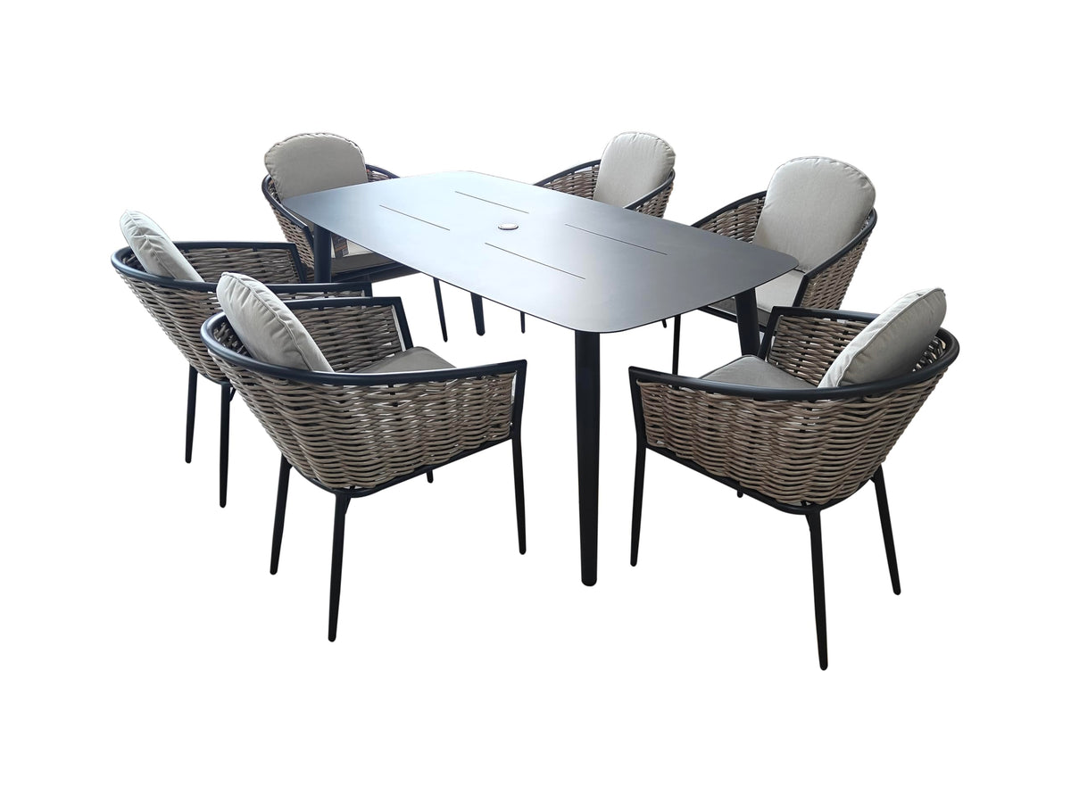 Bolingbroke 6 Seat Aluminium Brown Wicker 180cm Dining Table Set - Beige Cushions