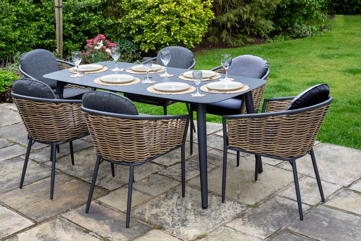 Bolingbroke 6 Seat Aluminium Brown Wicker 180cm Dining Table Set - Dark Grey Cushions
