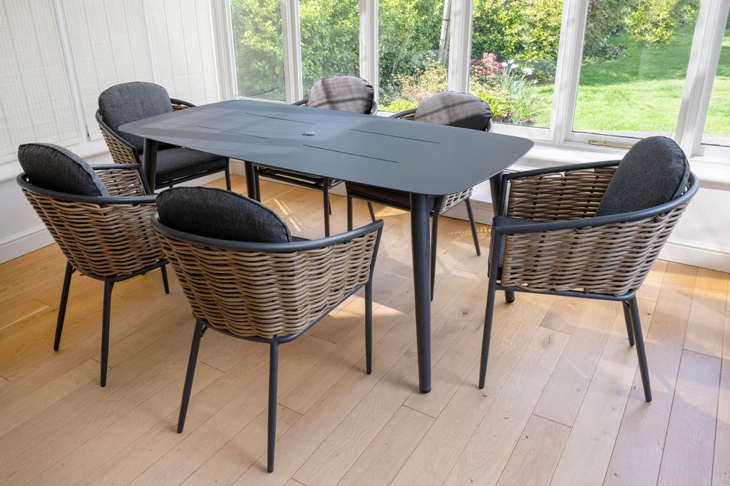 Bolingbroke 6 Seat Aluminium Brown Wicker 180cm Dining Table Set - Dark Grey Cushions