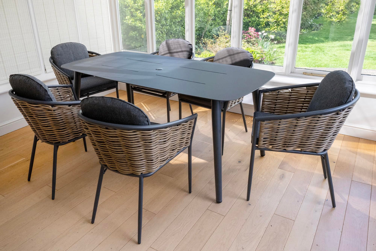 Bolingbroke 6 Seat Aluminium Brown Wicker 180cm Dining Table Set - Dark Grey Cushions