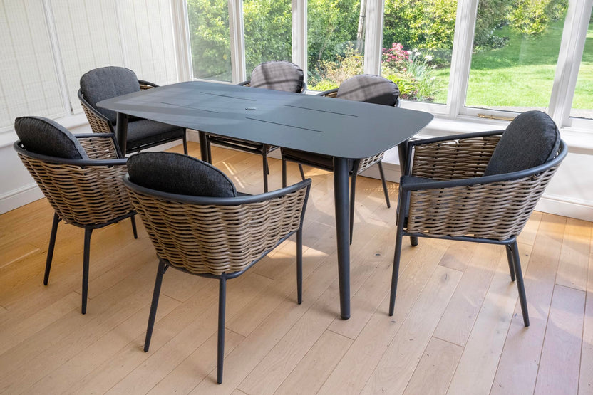 Bolingbroke 6 Seat Aluminium Brown Wicker 180cm Dining Table Set - Dark Grey Cushions