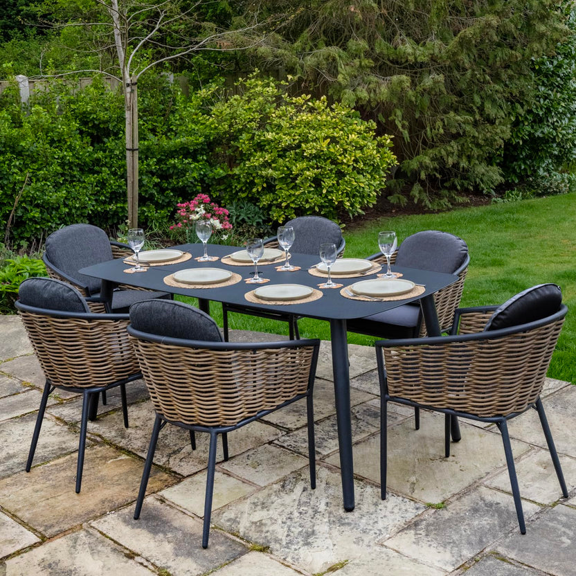 Bolingbroke 6 Seat Aluminium Brown Wicker 180cm Dining Table Set - Dark Grey Cushions