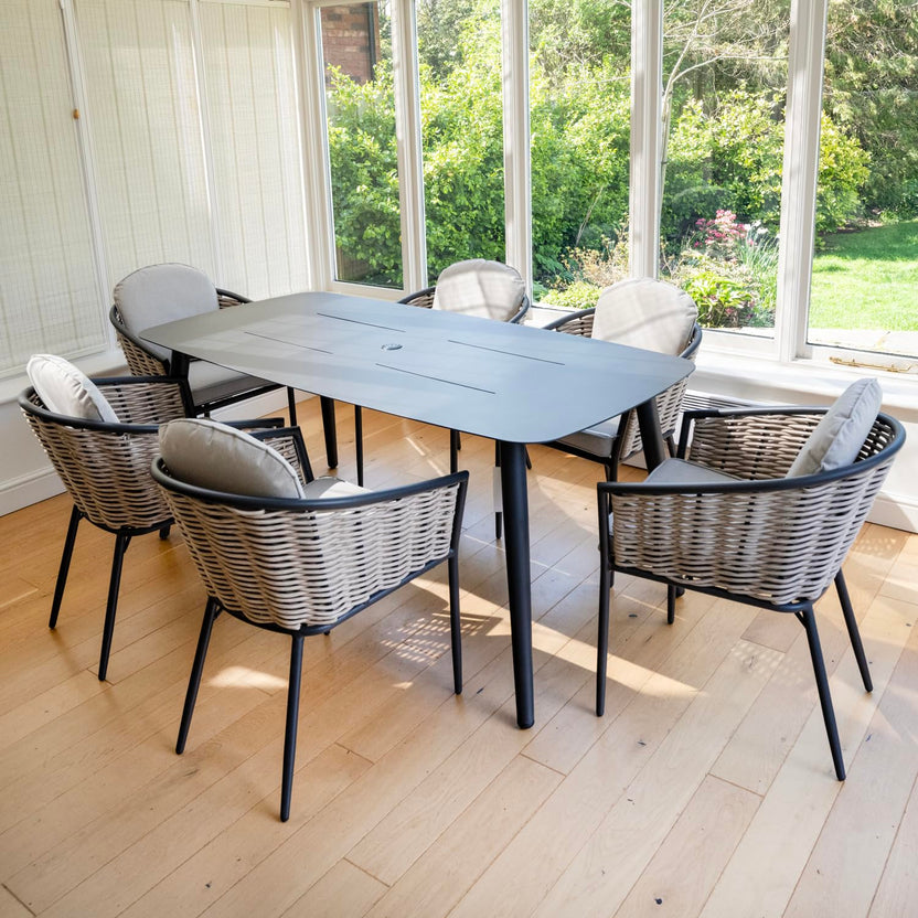 Bolingbroke 6 Seat Aluminium Grey Wicker 180cm Dining Table Set - Beige Cushions