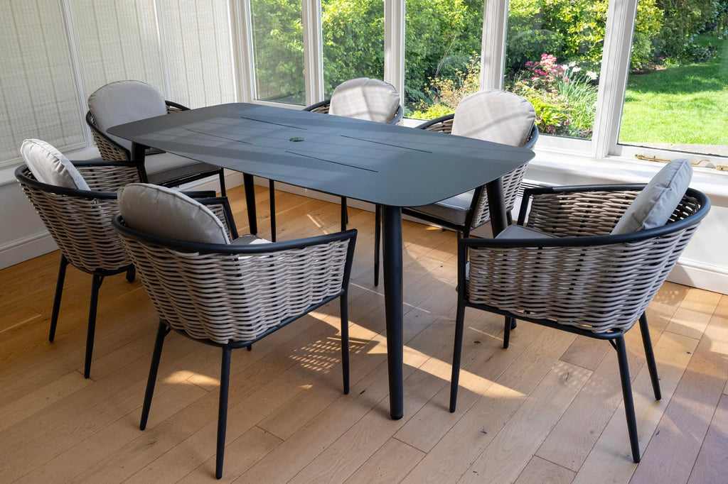 Bolingbroke 6 Seat Aluminium Grey Wicker 180cm Dining Table Set - Beige Cushions