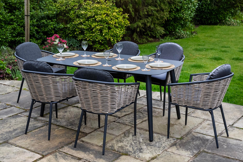 Bolingbroke 6 Seat Aluminium Grey Wicker 180cm Dining Table Set - Dark Grey Cushions