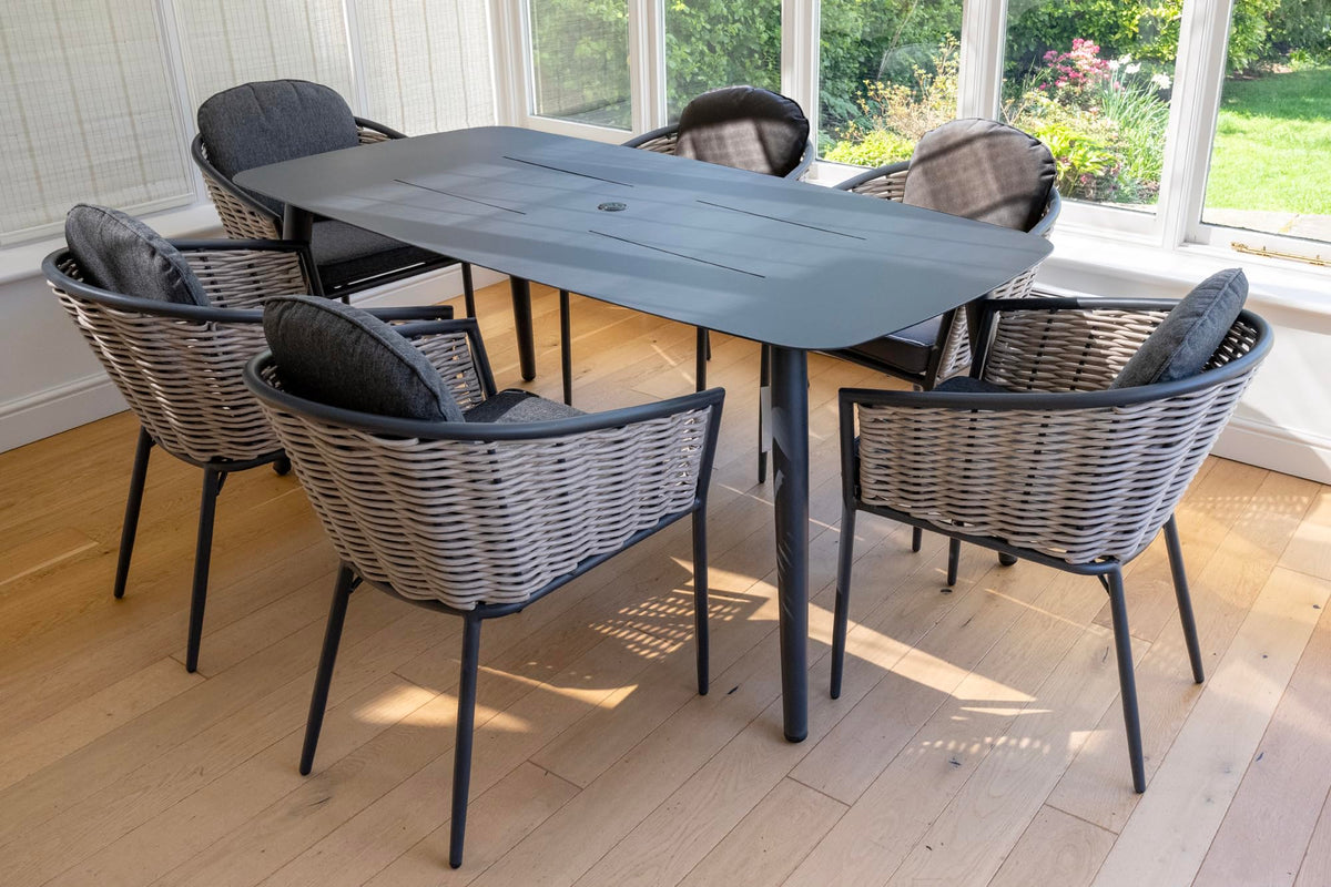 Bolingbroke 6 Seat Aluminium Grey Wicker 180cm Dining Table Set - Dark Grey Cushions