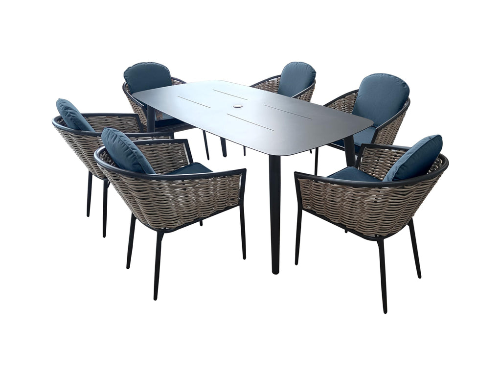 Bolingbroke 6 Seat Aluminium Grey Wicker 180cm Dining Table Set - Dark Grey Cushions