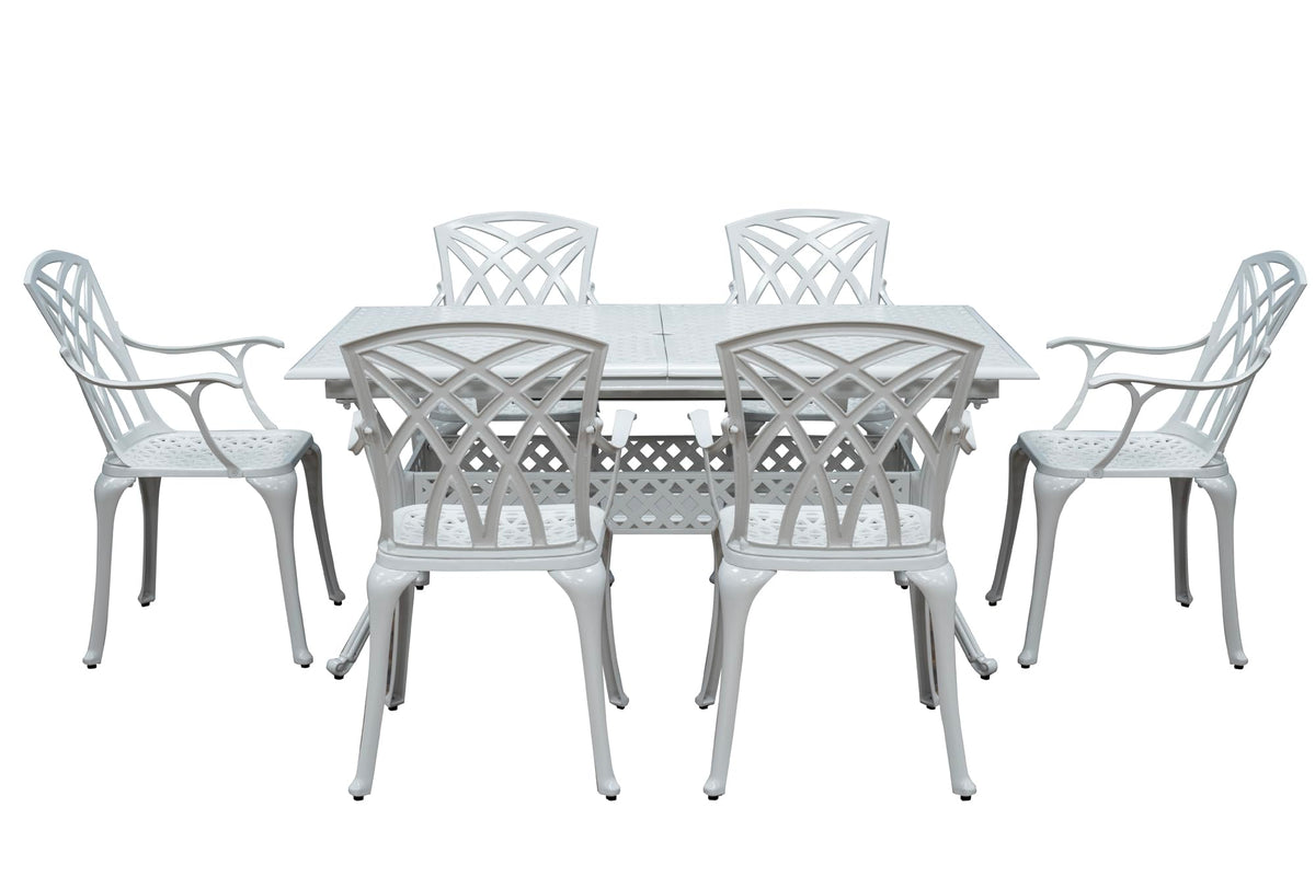 SH&G Cast Aluminium 6 seat 160cm Rectangular Extendable dining Set - White