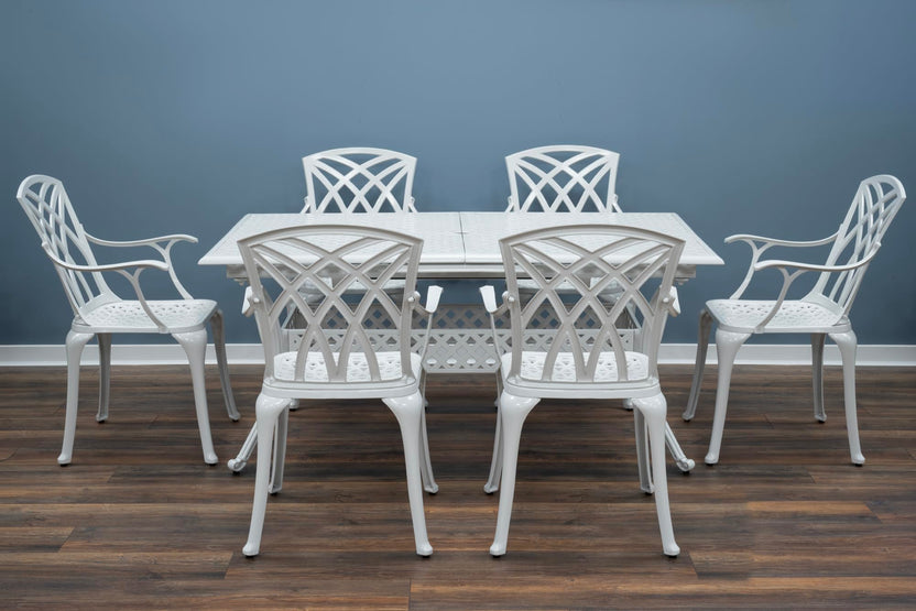 SH&G Cast Aluminium 6 seat 160cm Rectangular Extendable dining Set - White