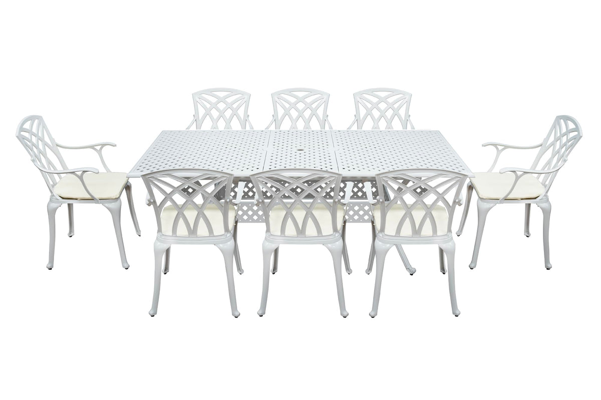 SH&G Cast Aluminium 8 seat 160cm Rectangular Extendable dining Set - White