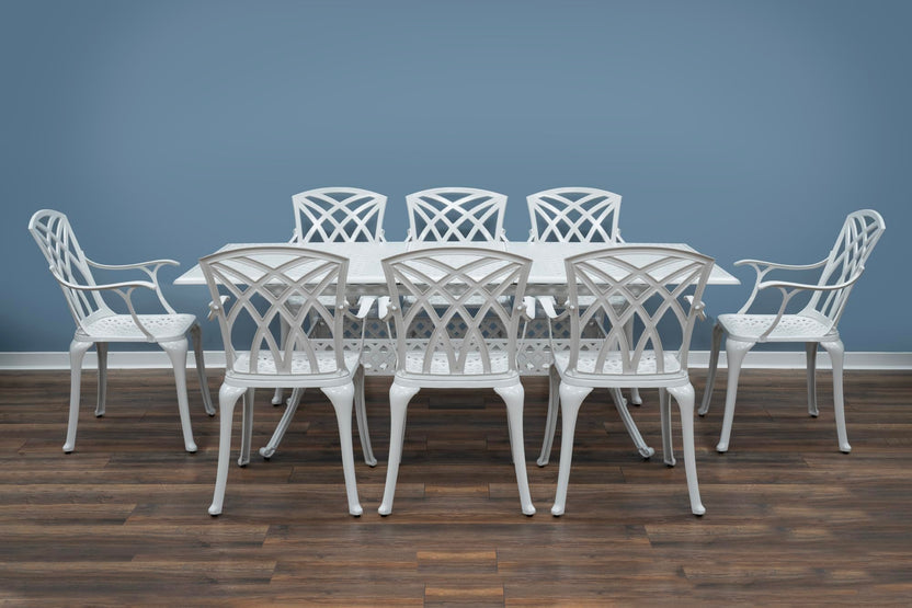 SH&G Cast Aluminium 8 seat 160cm Rectangular Extendable dining Set - White