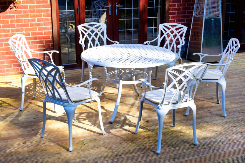 SH&G Cast Aluminium 6 seat 120cm Round dining Set - White