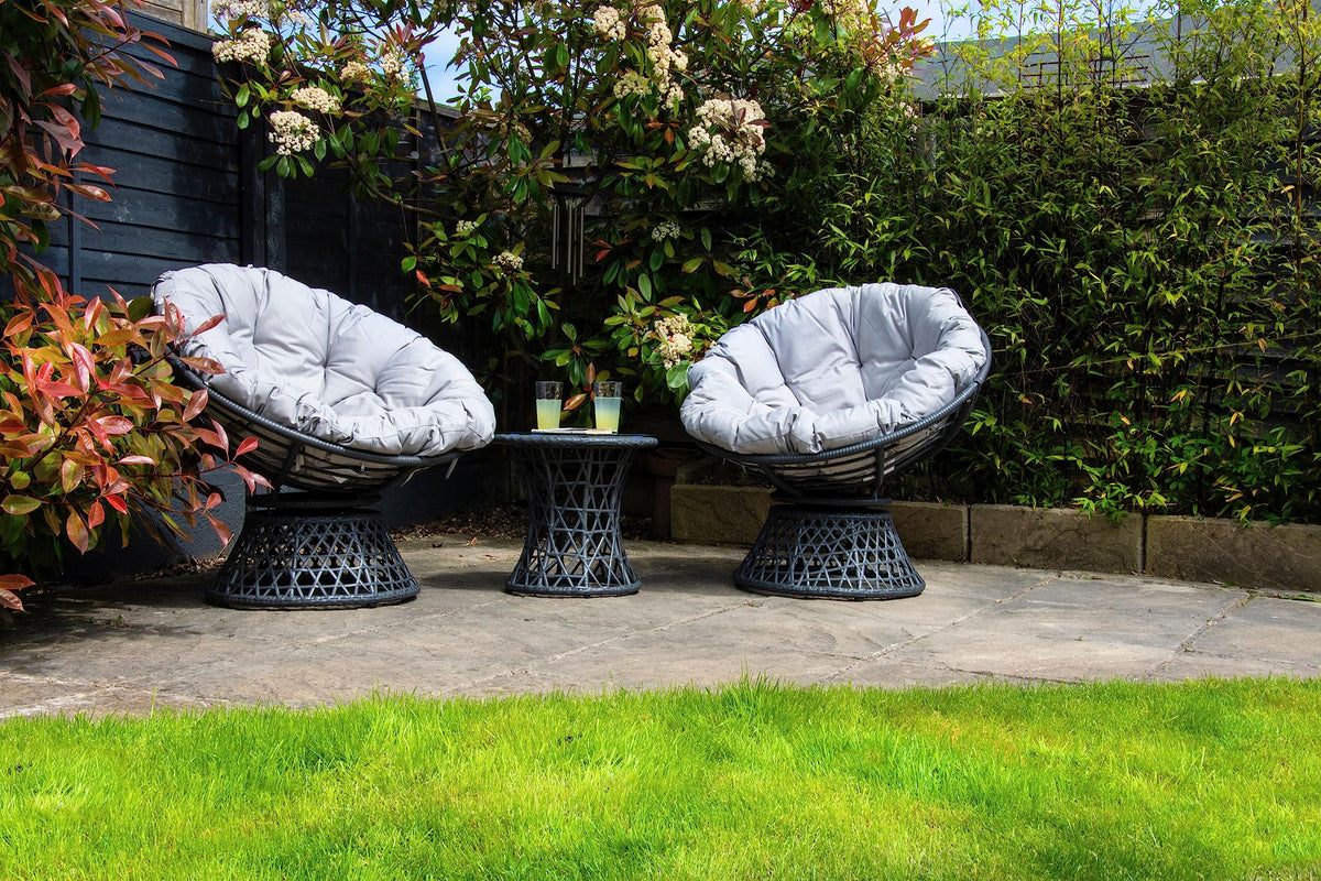SH&G Rattan Nest Swivel Chair With Cushions - Two Seat Set and side table