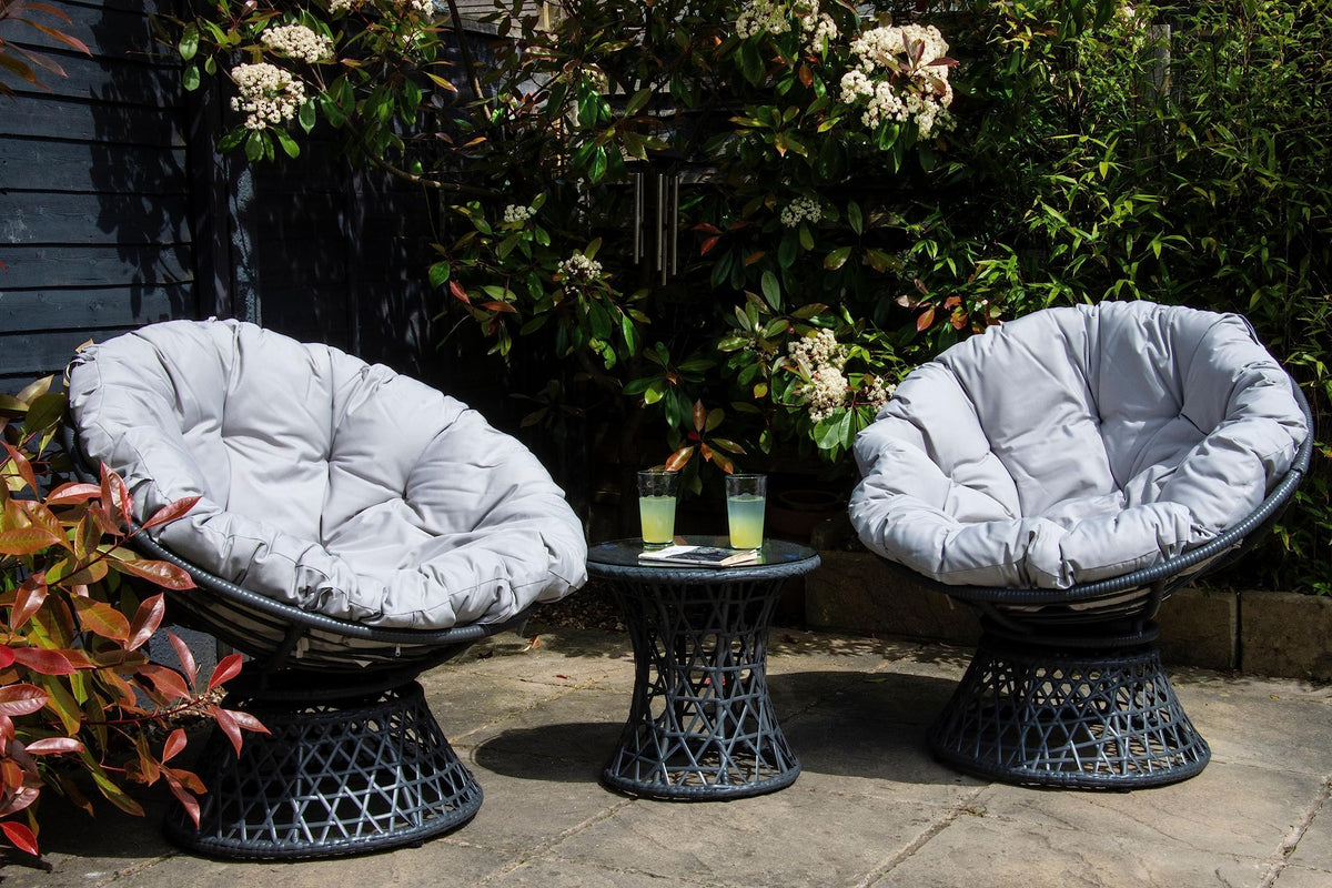 SH&G Rattan Nest Swivel Chair With Cushions - Two Seat Set and side table