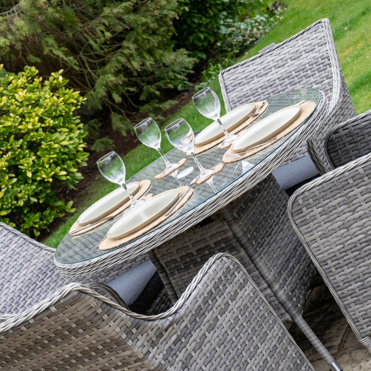 Tintagel 4 Seat Aluminium Grey Rattan 105cm Dining Table Set - Dark Grey Cushions