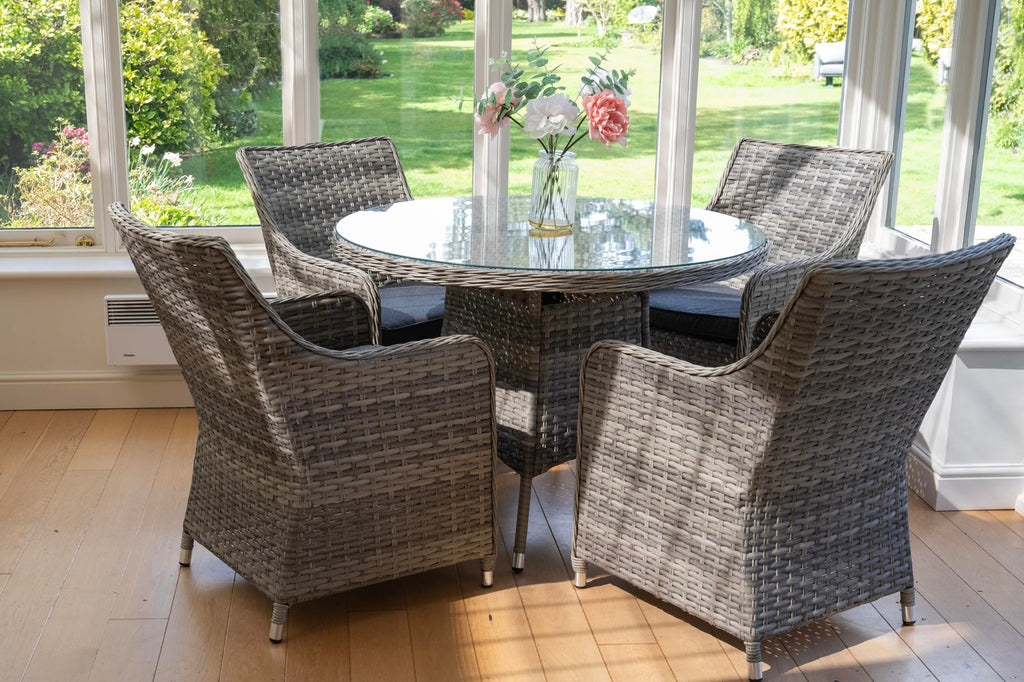 Tintagel 4 Seat Aluminium Grey Rattan 105cm Dining Table Set - Dark Grey Cushions