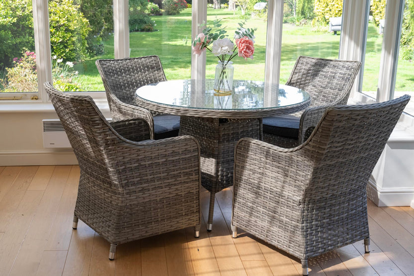 Tintagel 4 Seat Aluminium Grey Rattan 105cm Dining Table Set - Dark Grey Cushions