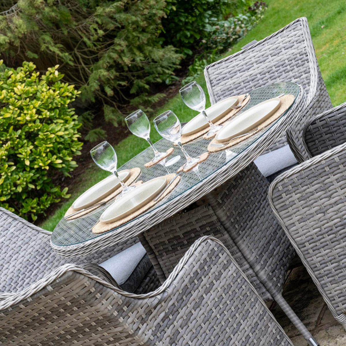 Tintagel 4 Seat Aluminium Grey Rattan 105cm Dining Table Set - Light Grey Cushions