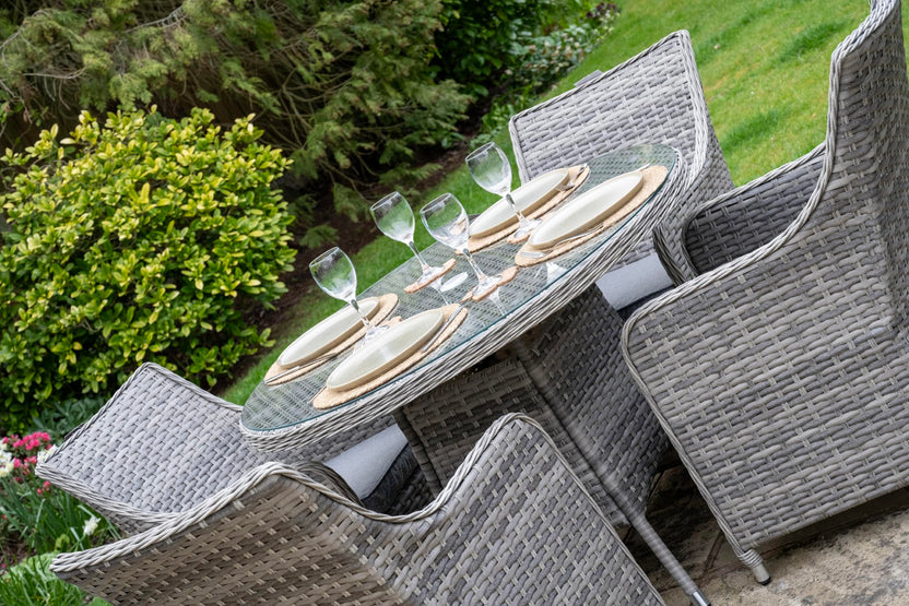 Tintagel 4 Seat Aluminium Grey Rattan 105cm Dining Table Set - Light Grey Cushions