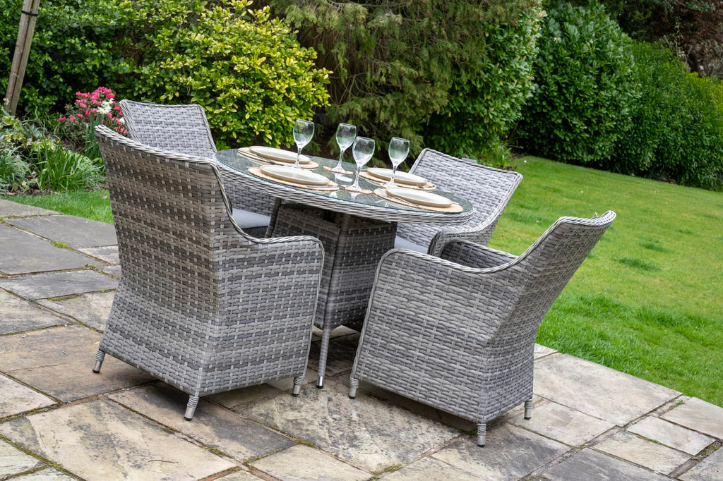 Tintagel 4 Seat Aluminium Grey Rattan 105cm Dining Table Set - Light Grey Cushions