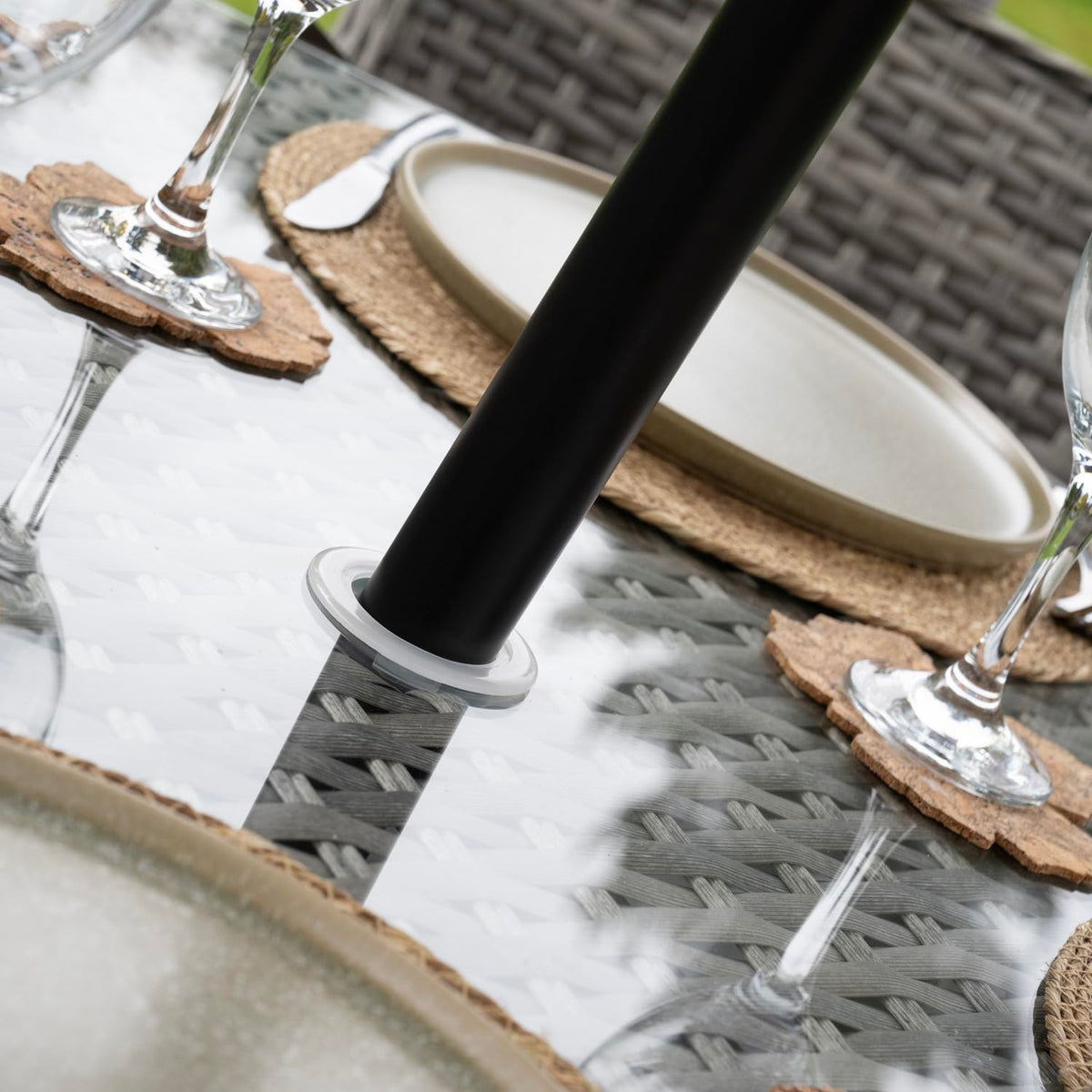 Tintagel 4 Seat Aluminium Grey Rattan 105cm Dining Table Set - Light Grey Cushions