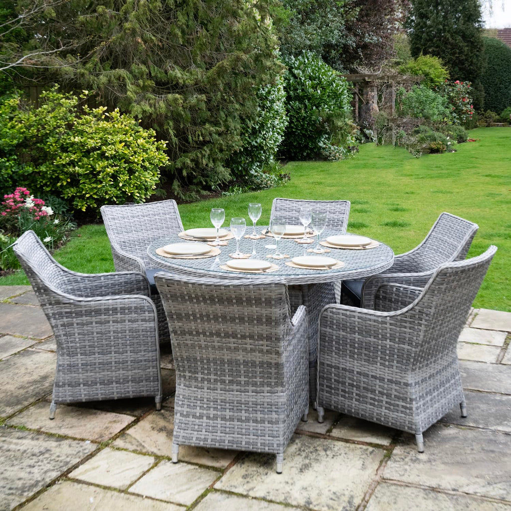 Tintagel 6 Seat Aluminium Grey Rattan 135cm Dining Table Set - Dark Grey Cushions