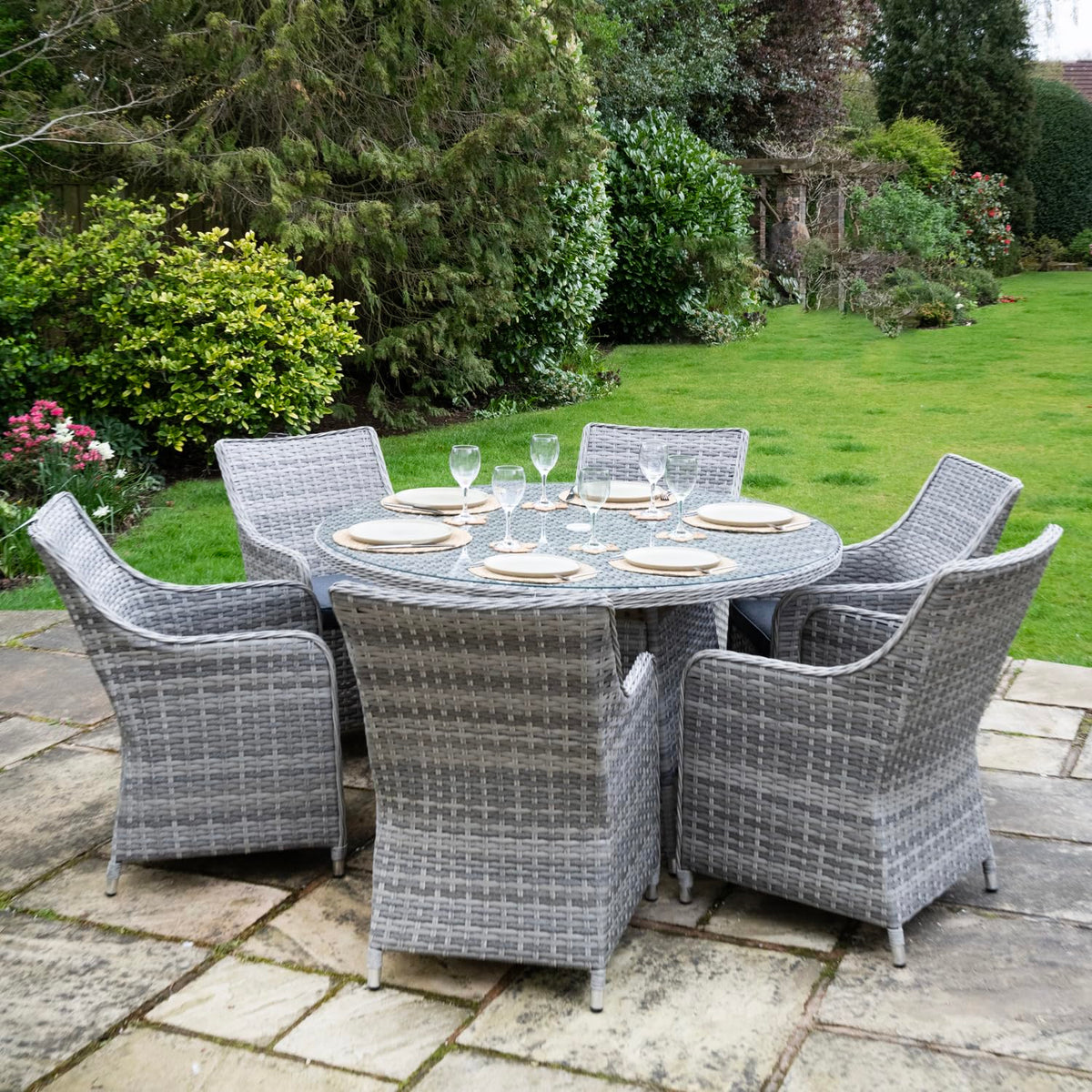 Tintagel 6 Seat Aluminium Grey Rattan 135cm Dining Table Set - Dark Grey Cushions
