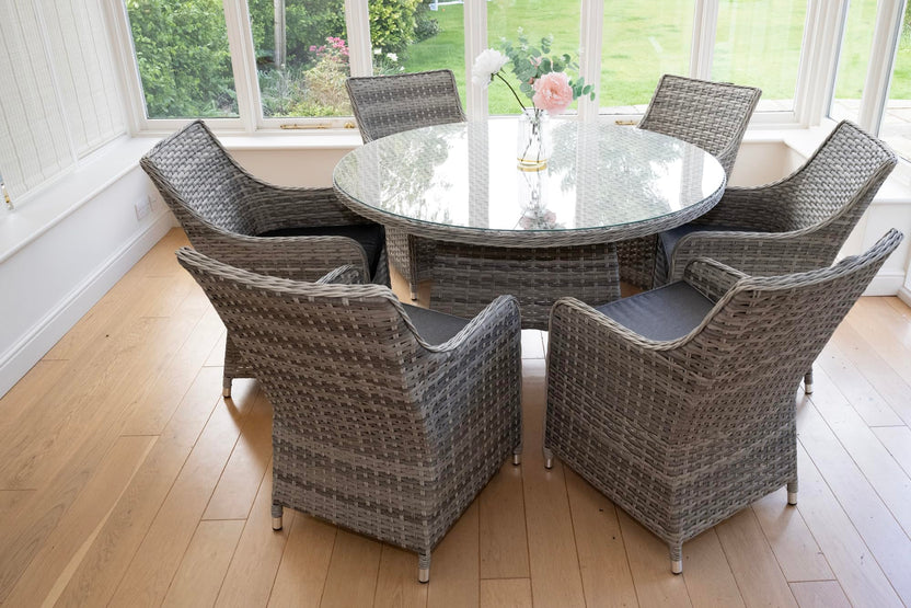 Tintagel 6 Seat Aluminium Grey Rattan 135cm Dining Table Set - Dark Grey Cushions