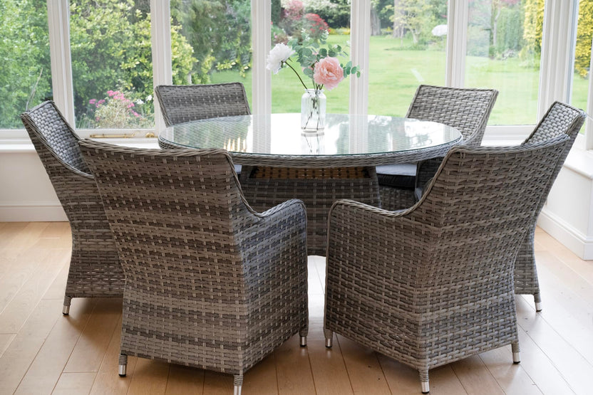 Tintagel 6 Seat Aluminium Grey Rattan 135cm Dining Table Set - Dark Grey Cushions