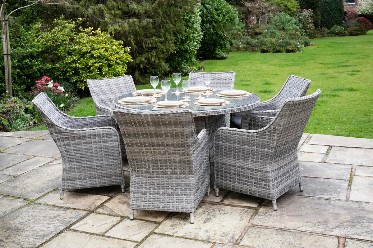 Tintagel 6 Seat Aluminium Grey Rattan 135cm Dining Table Set - Dark Grey Cushions