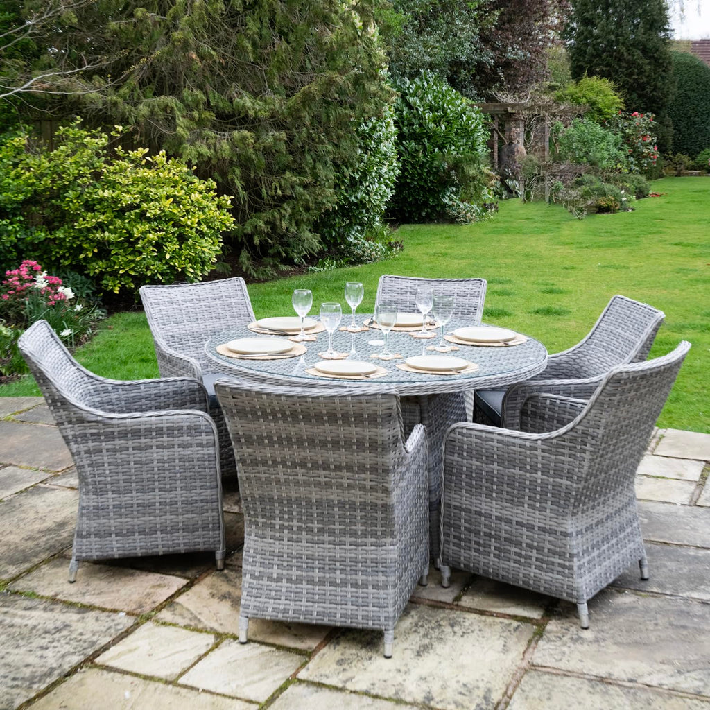 Tintagel 6 Seat Aluminium Grey Rattan 135cm Dining Table Set - Light Grey Cushions