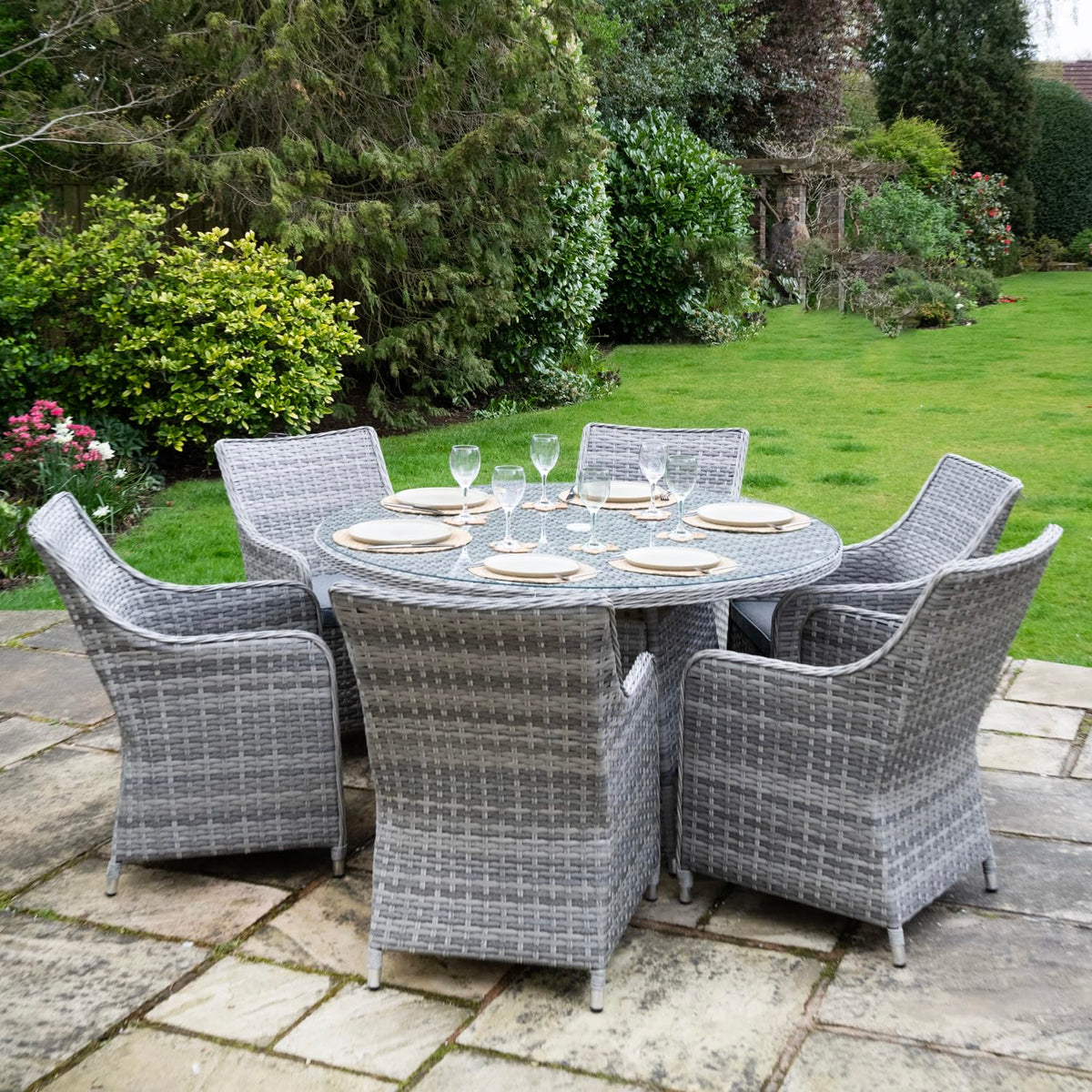 Tintagel 6 Seat Aluminium Grey Rattan 135cm Dining Table Set - Light Grey Cushions