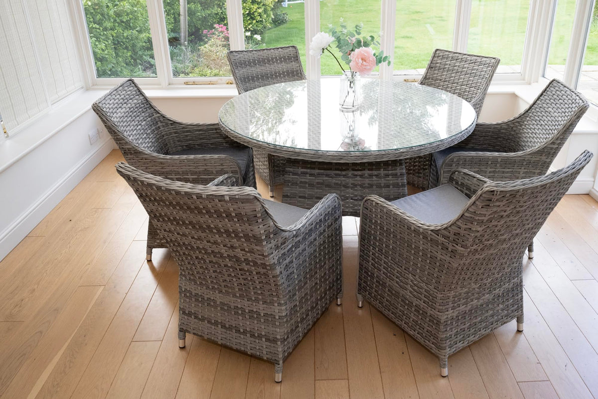 Tintagel 6 Seat Aluminium Grey Rattan 135cm Dining Table Set - Light Grey Cushions