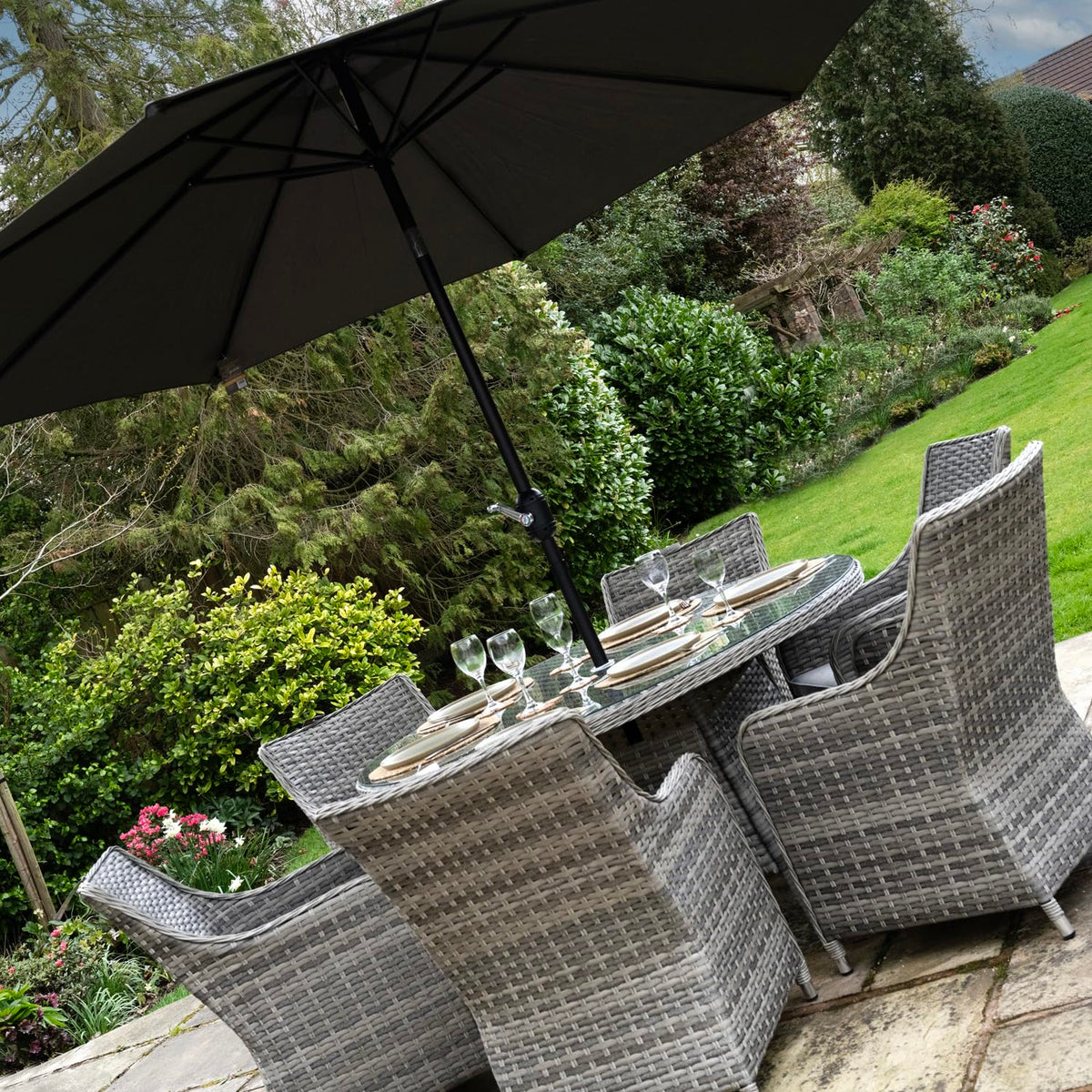 Tintagel 6 Seat Aluminium Grey Rattan 135cm Dining Table Set - Light Grey Cushions
