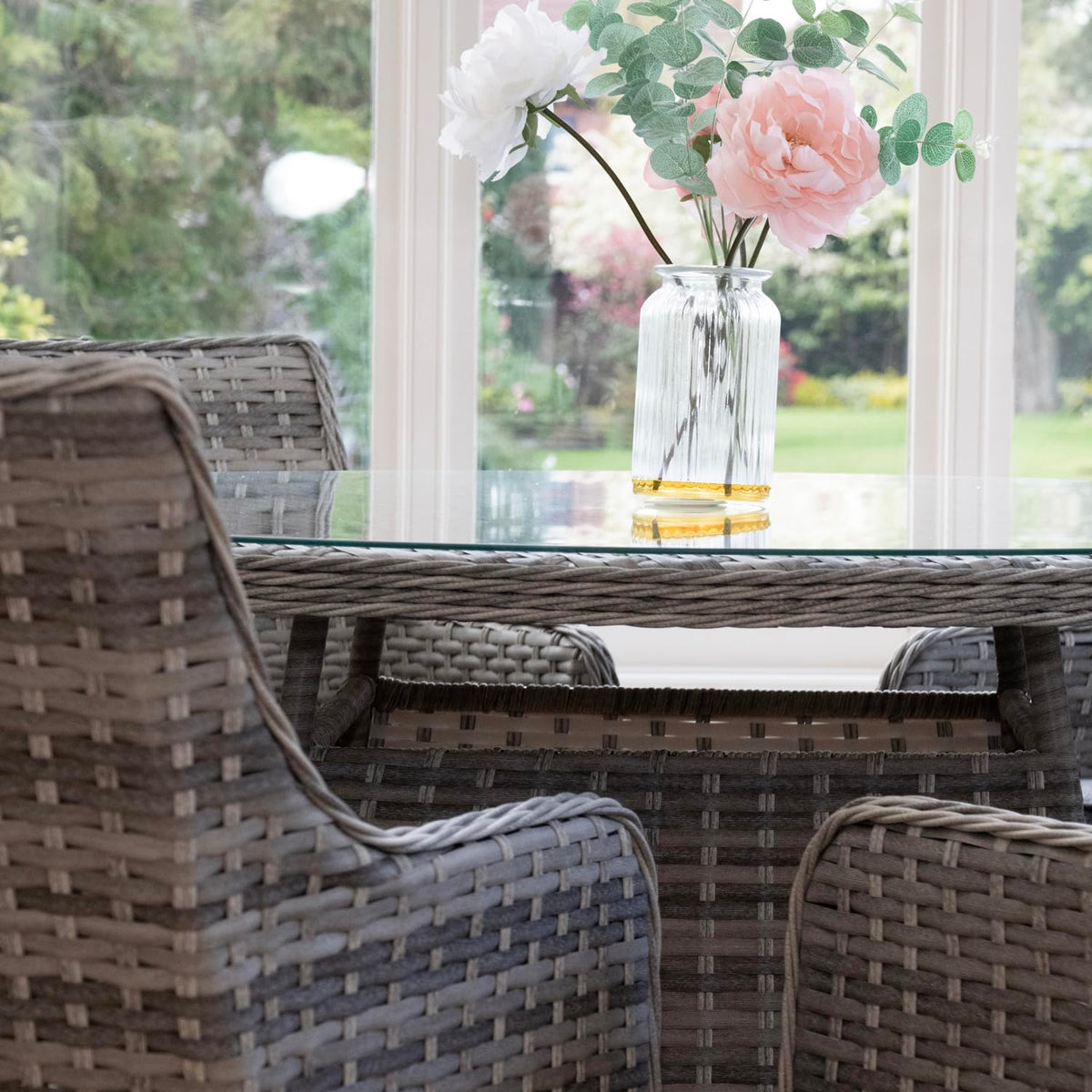 Tintagel 6 Seat Aluminium Grey Rattan 135cm Dining Table Set - Light Grey Cushions