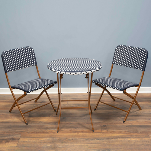 SH&G Rattan Bistro 3pc Set with steel frame - Blue & White