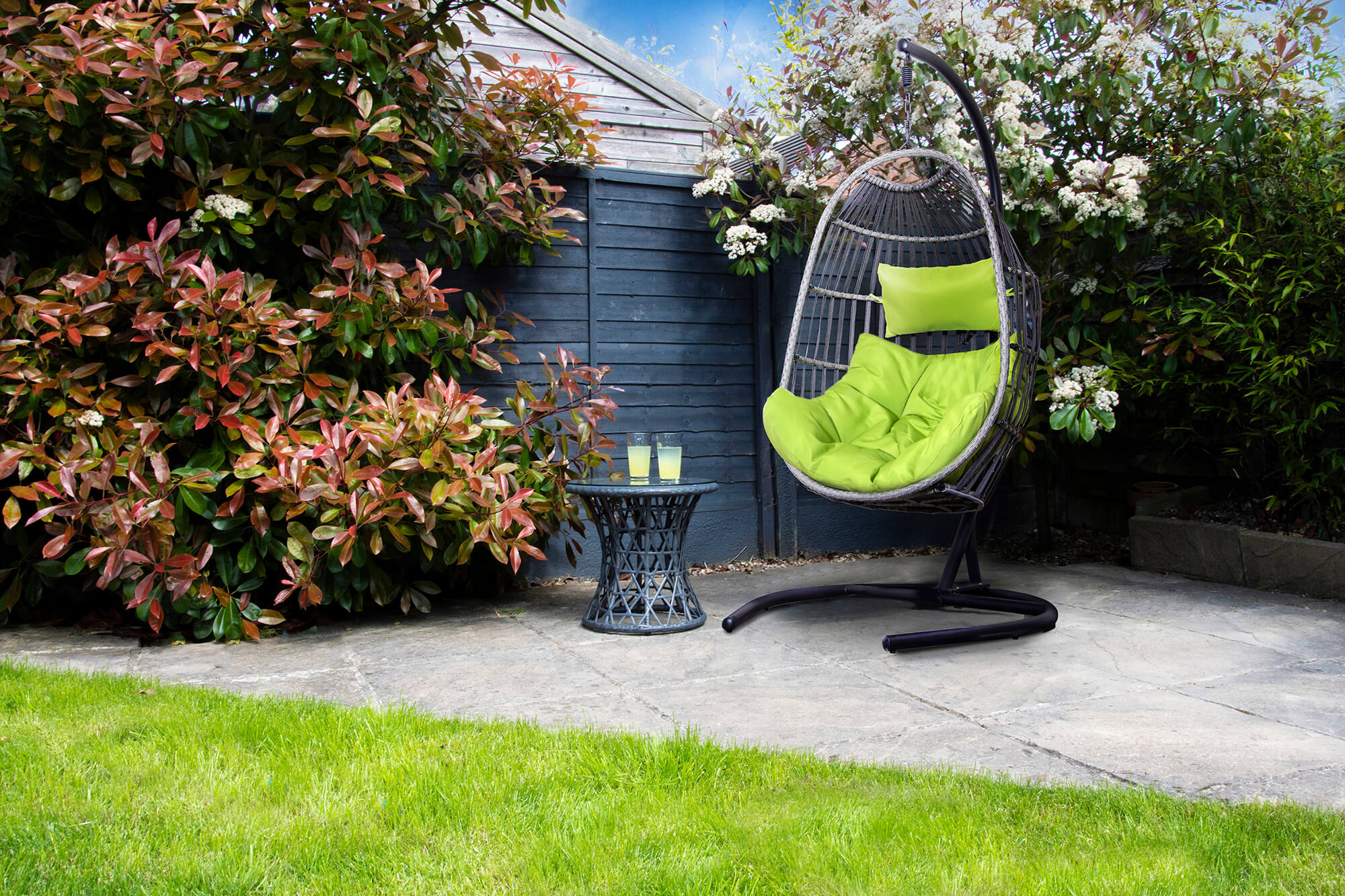 SH G Folding Rattan Hanging Egg Chair with Lime Cushion