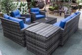 SH&G Edgerton Steel Grey Rattan 6pc Sofa Set with 7 seats with blue cushions