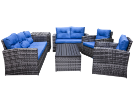 SH&G Edgerton Steel Brown Rattan 6pc Sofa Set with 7 seats with blue cushions