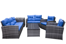 SH&G Edgerton Steel Brown Rattan 6pc Sofa Set with 7 seats with blue cushions