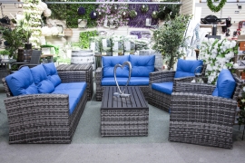 SH&G Edgerton Steel Grey Rattan 6pc Sofa Set with 7 seats with blue cushions