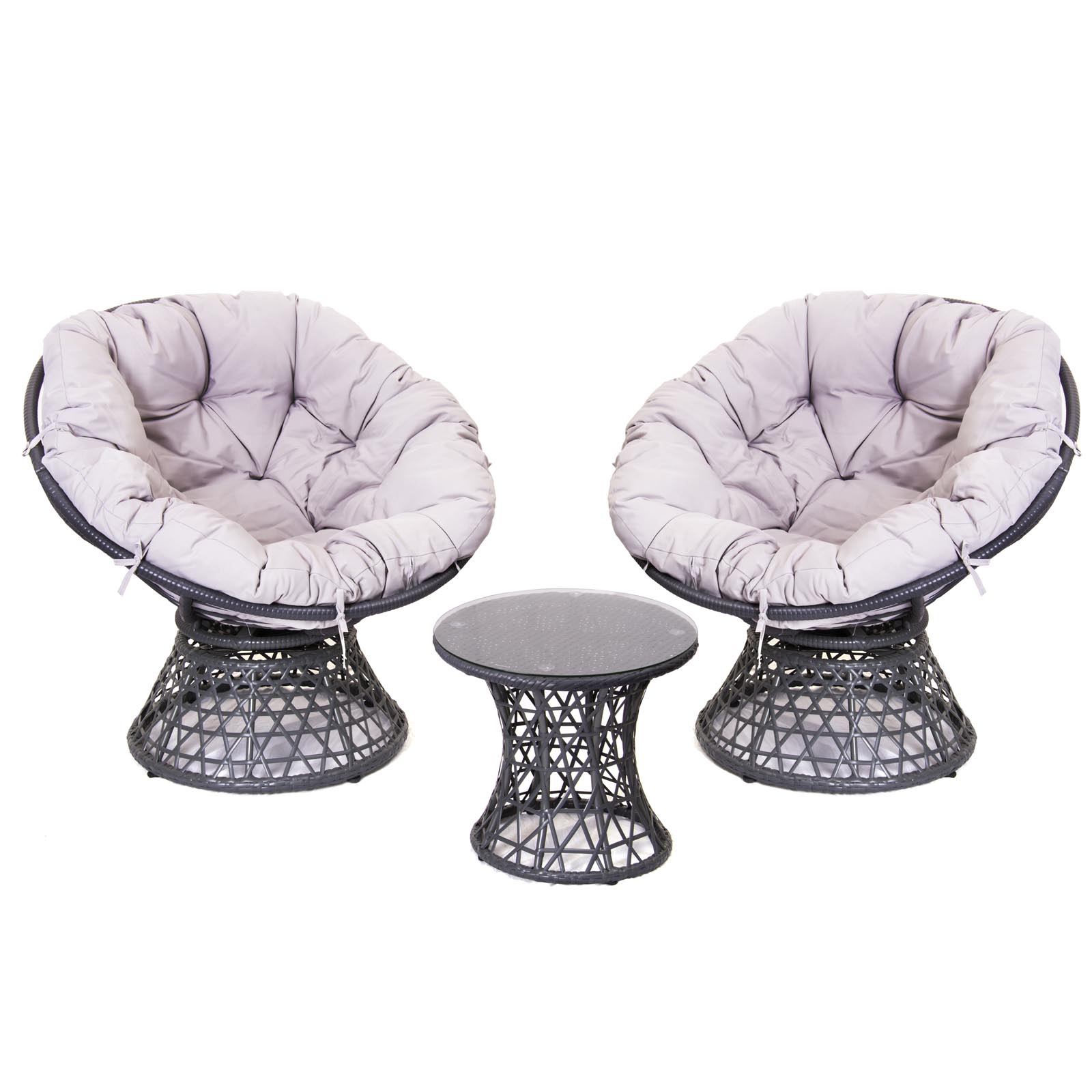 SH G Rattan Nest Swivel Chair With Cushions Two Seat Set and side table