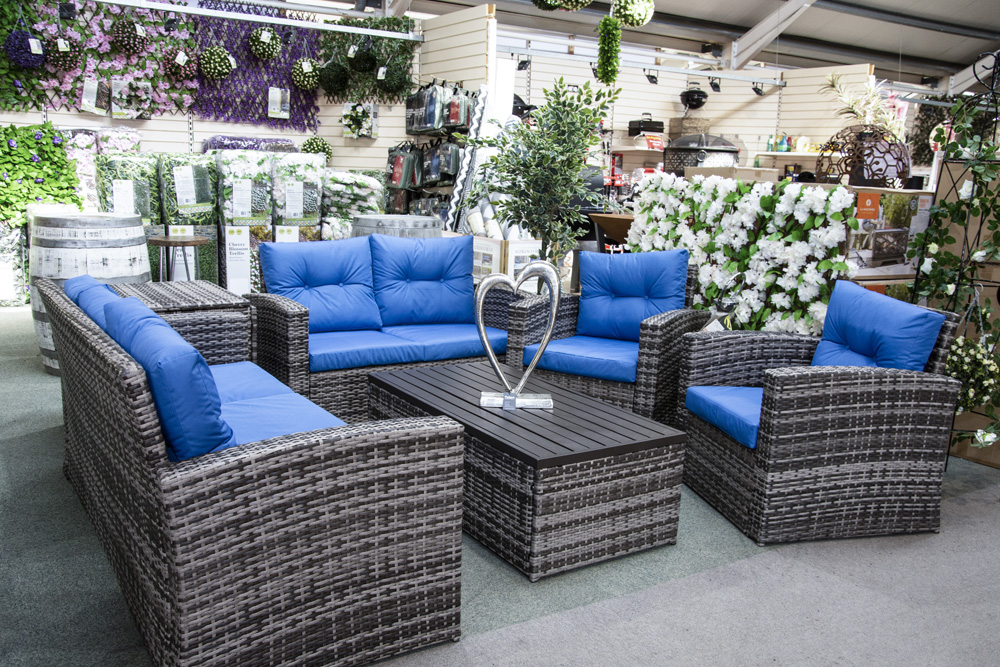 Outdoor furniture with clearance blue cushions